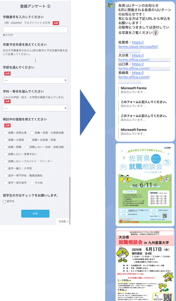 九州産業大学キャリア支援センターLINE公式アカウントの受信設定アンケートとセグメント配信されたメッセージ
