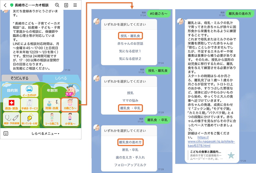「長崎市こども・子育てイーカオ相談」LINE公式アカウントの「しらべる」リッチメニューからアクセスできるチャットボット