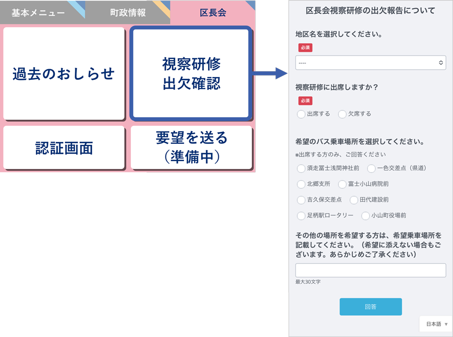 区長専用リッチメニュー(「出欠確認」をタップするとアンケートが起動)
