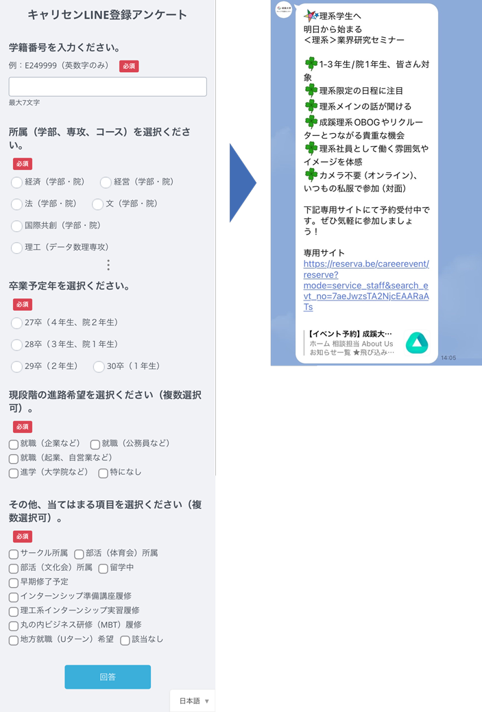 成蹊大学キャリア支援センターLINE公式アカウントの受信設定アンケートとセグメント配信されたメッセージ