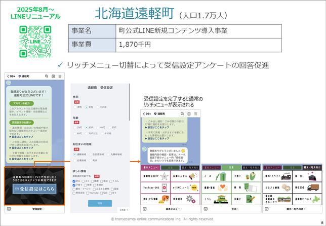 北海道遠軽町（事業名：町公式LINE新規コンテンツ導入事業／事業費：1,870千円）リッチメニュー切替によって受信設定アンケートの回答促進