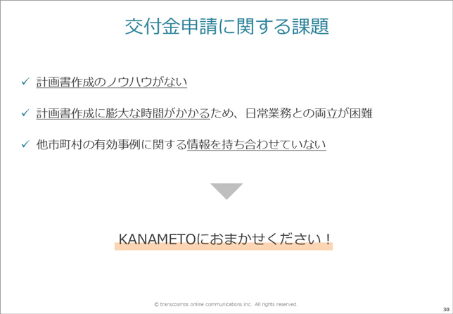 交付金申請に関する課題（計画書作成のノウハウがない／計画書作成に膨大な時間がかかるため、日常業務との両立が困難／他市町村の有効事例に関する情報を持ち合わせていない）→KANAMETOにお任せください