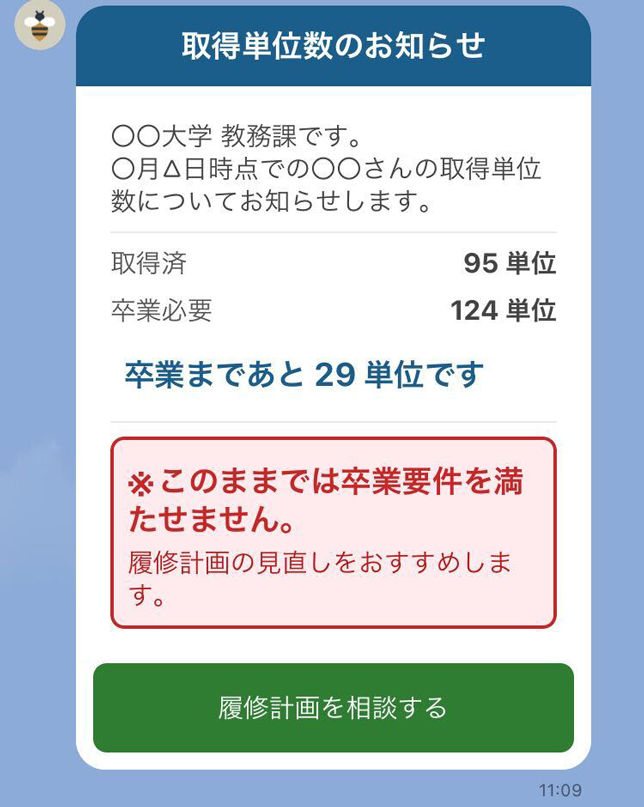 取得単位数のお知らせメッセージのイメージ